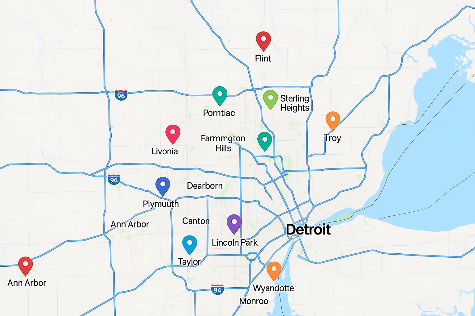 Metro Detroit area map with service call pins